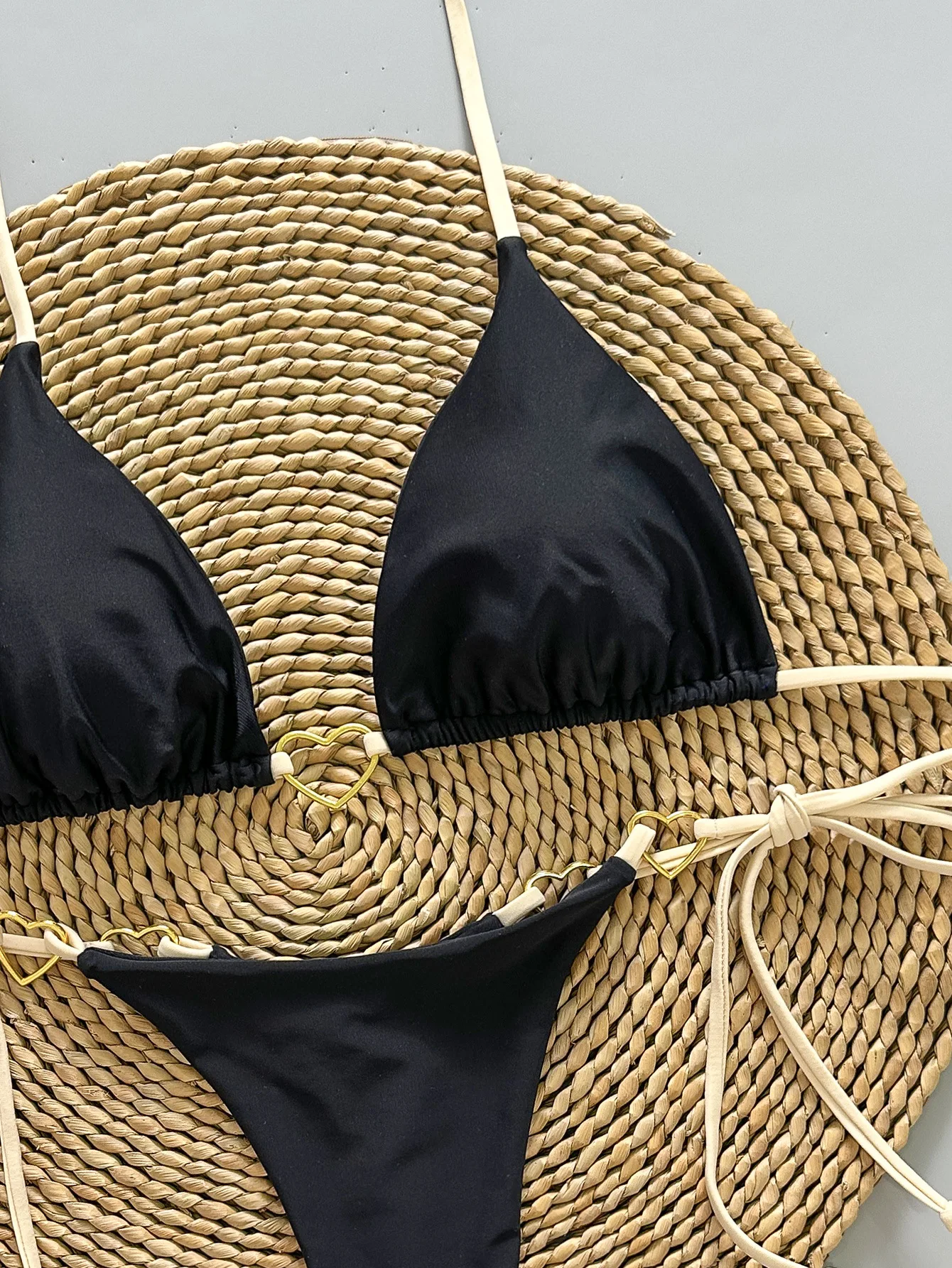 sexy black metal ring micro bikinis sets two pieces halter back tie thong swimsuits bathing suit swimwear biquini tankini