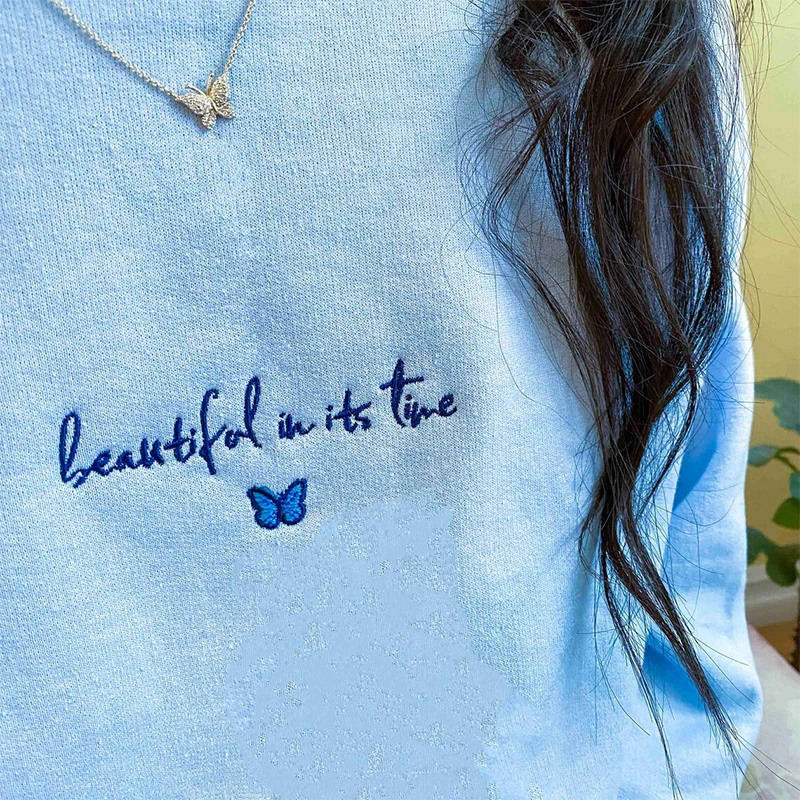 Butterfly in its Time Letters Embroidery Women Pullover Sky Blue Autumn Thick Sweatshirt Crewneck Loose Casual Aesthetic Hoodies