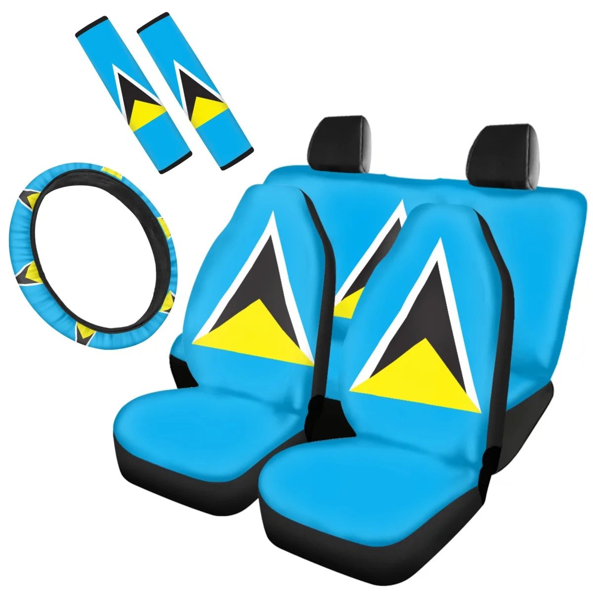 Saint Lucia Country Flag Print High Quality Car Seat Belt Steering Wheel Cover Full Set Comfort Universal Fit SUV Truck Van Auto