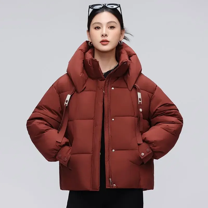 

Women Winter Wine Red Parkas Coat Chic Warm Short Outerwear Hooded Down Cotton Jacket Bread Coat High-end Outdoor Snow Overcoat