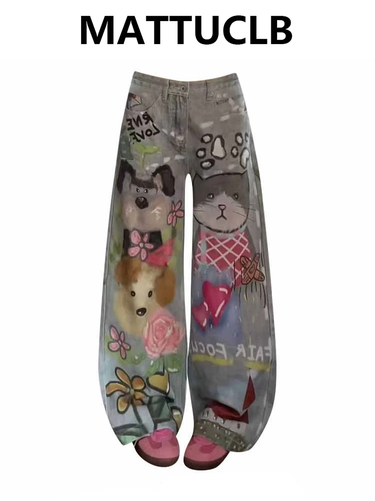 

Женские джинсы-багги в американском ретро-стиле с мультяшным принтом, широкие джинсы в стиле гранж, Y2K, High Street, ковбойские, в японском стиле Харадзюку, тренд 2000-х годов