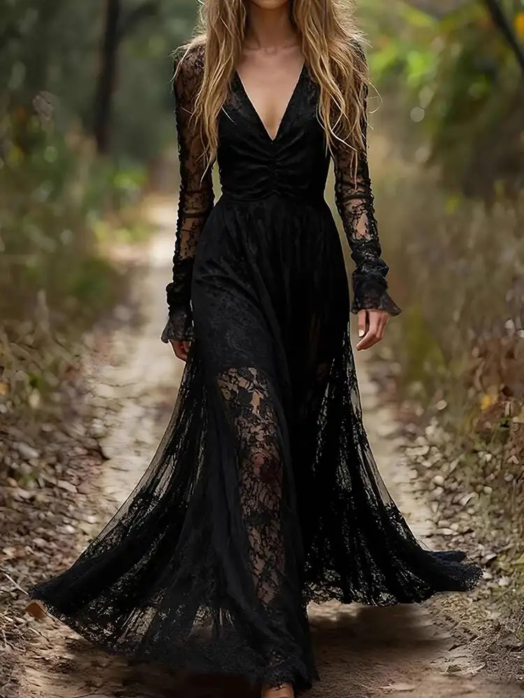 

Deep V Neck Hollow Sexy Maxi Women Spring Autumn Long Sleeve Chic Party Dress, 2026 Fashion Mesh Patchwork Ladies Dress