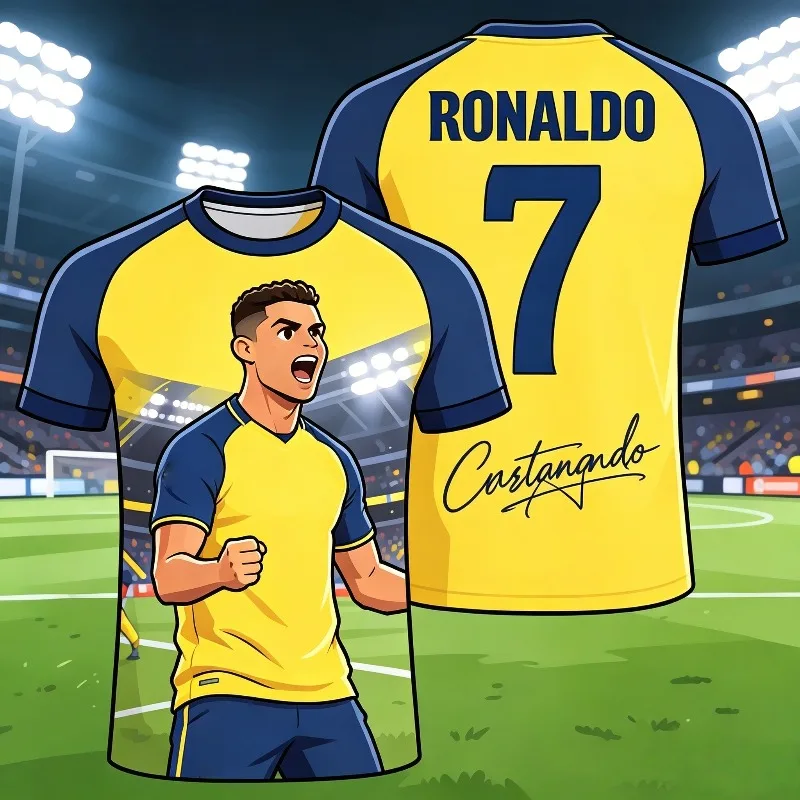 Summer New # 7 Cristiano Ronaldo Cute Edition Yellow AI Wow Football Shirt Adult Children Fashion Large Sports Shirt