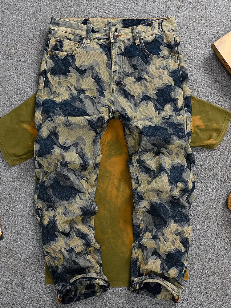 Men's American Vintage Washed Jeans, Loose Straight Wide Leg Denim Pants, Tie Dye Print Patchwork High Street Trousers