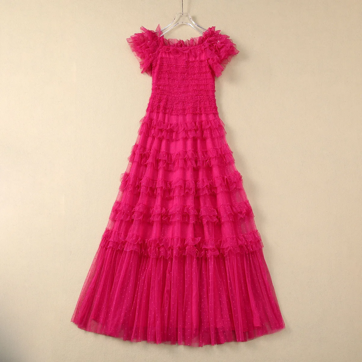 

European and American women's clothes 2024 spring new Short sleeve line neck polka dot netting Fashion pleated dress