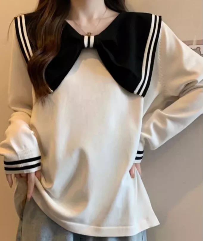 Groot formaat dames herfst contrasterende kleur strik zoete Japanse sweatershirt schattig college losse veelzijdige top met lange mouwen