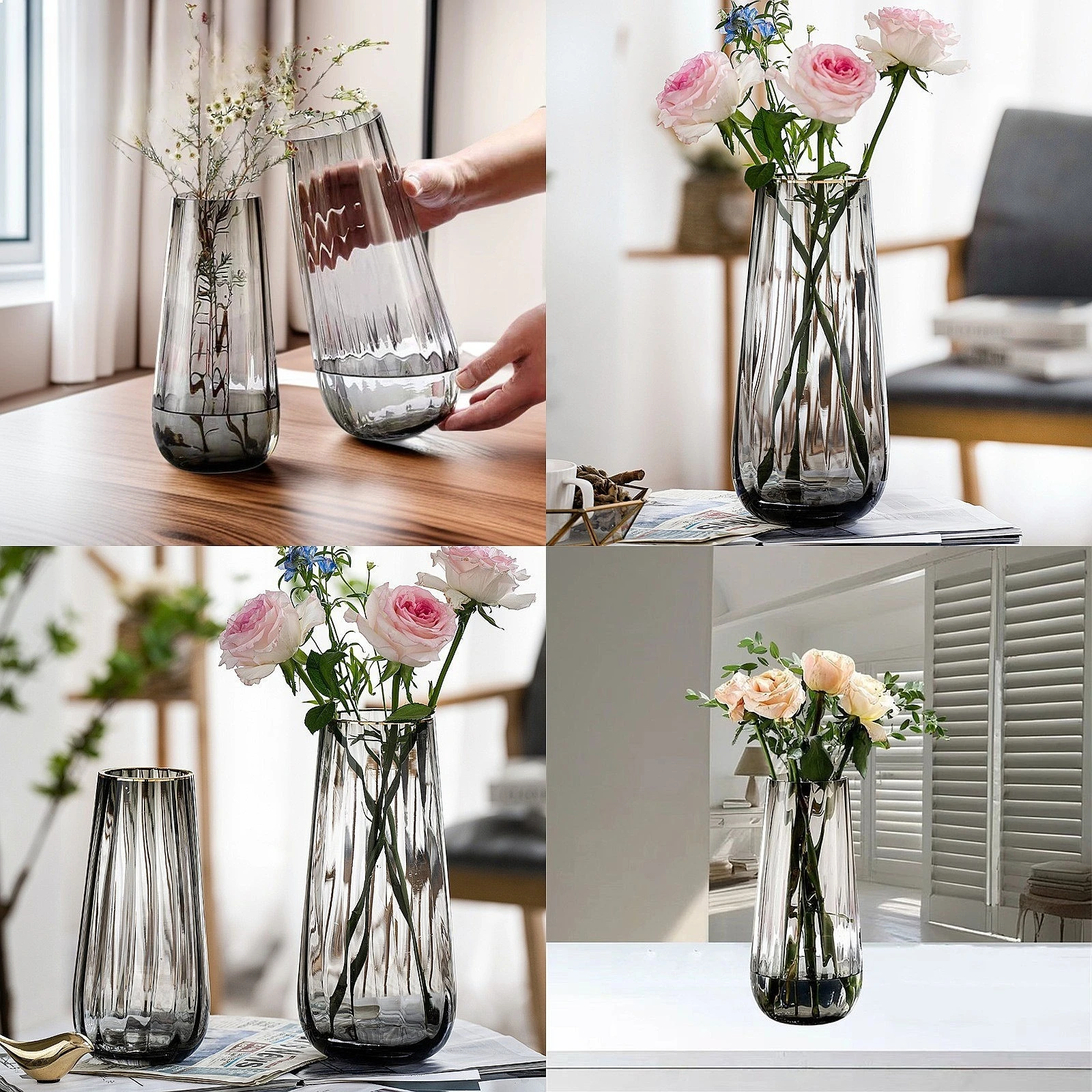 American Creative Transparent Bamboo Glass Vase, Luxury Flower Arrangement for Living Room Home Decor