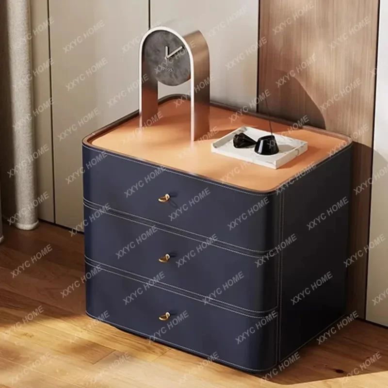 

HHBedside Table Household Bedroom Saddle Leather Solid Wood Light Luxury Simple Modern High-end Bedside Table