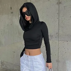 Women Hooded Top Tees New Autumn Sexy Long Sleeves Streetwear Solid Top Simple Basic Slim Fashion Versatile Tees Female Clothing