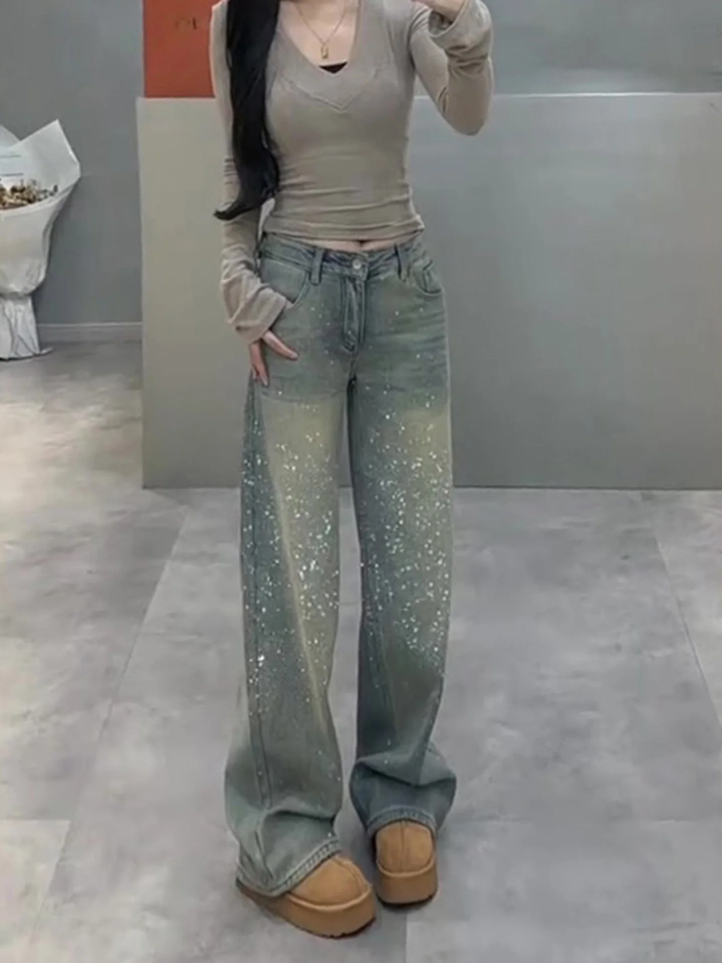 

American Style High Waist Wide Leg Jeans Women's Straight Cut Blue Washed Denim Pants Summer New Arrival plus Size Slimming