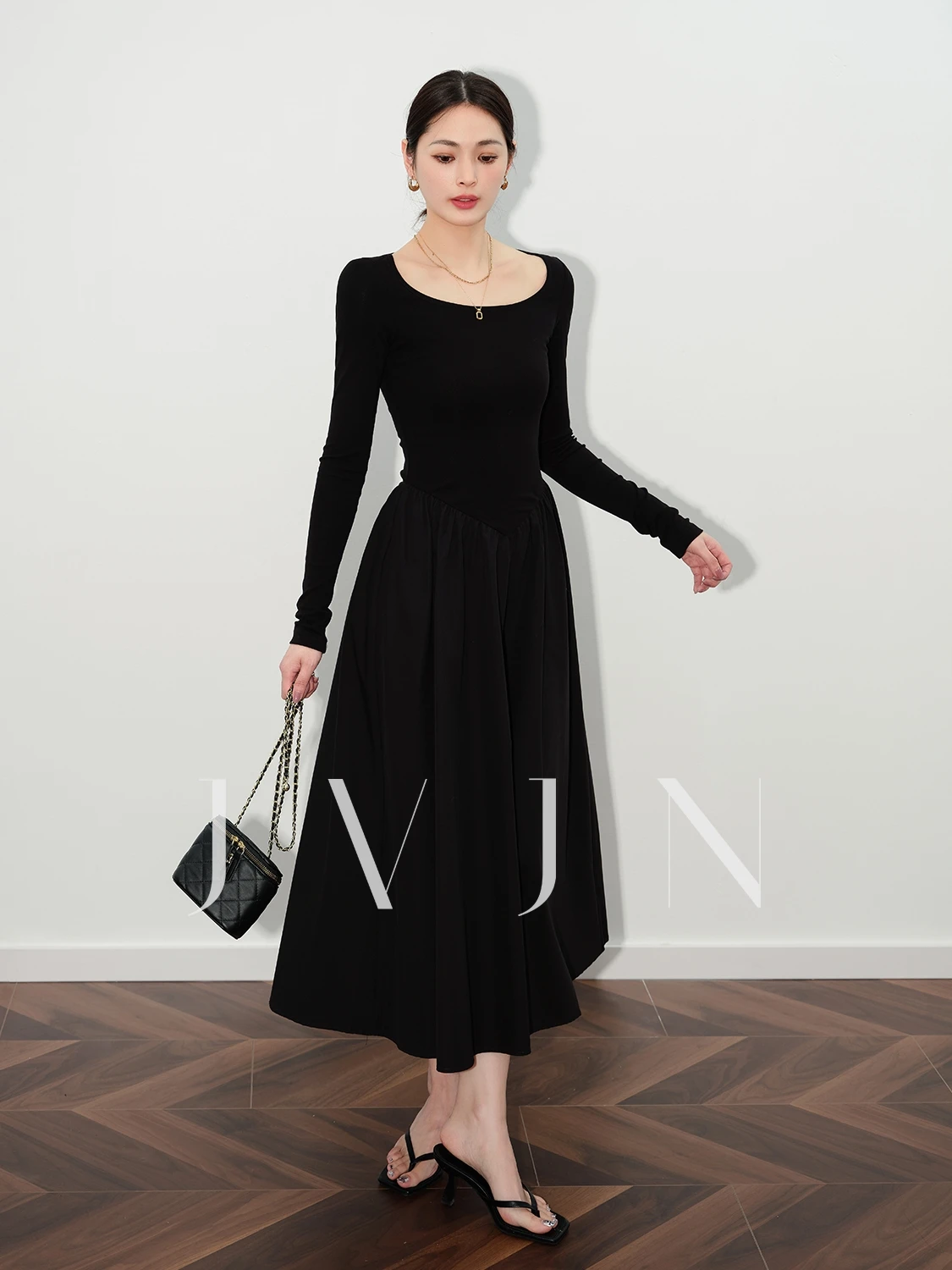 

Ele Bla Hebe Sle Long Sve Knitted Dr Retro round Ne Dr A-Line Silhouette High Waist Commute Simple Sle