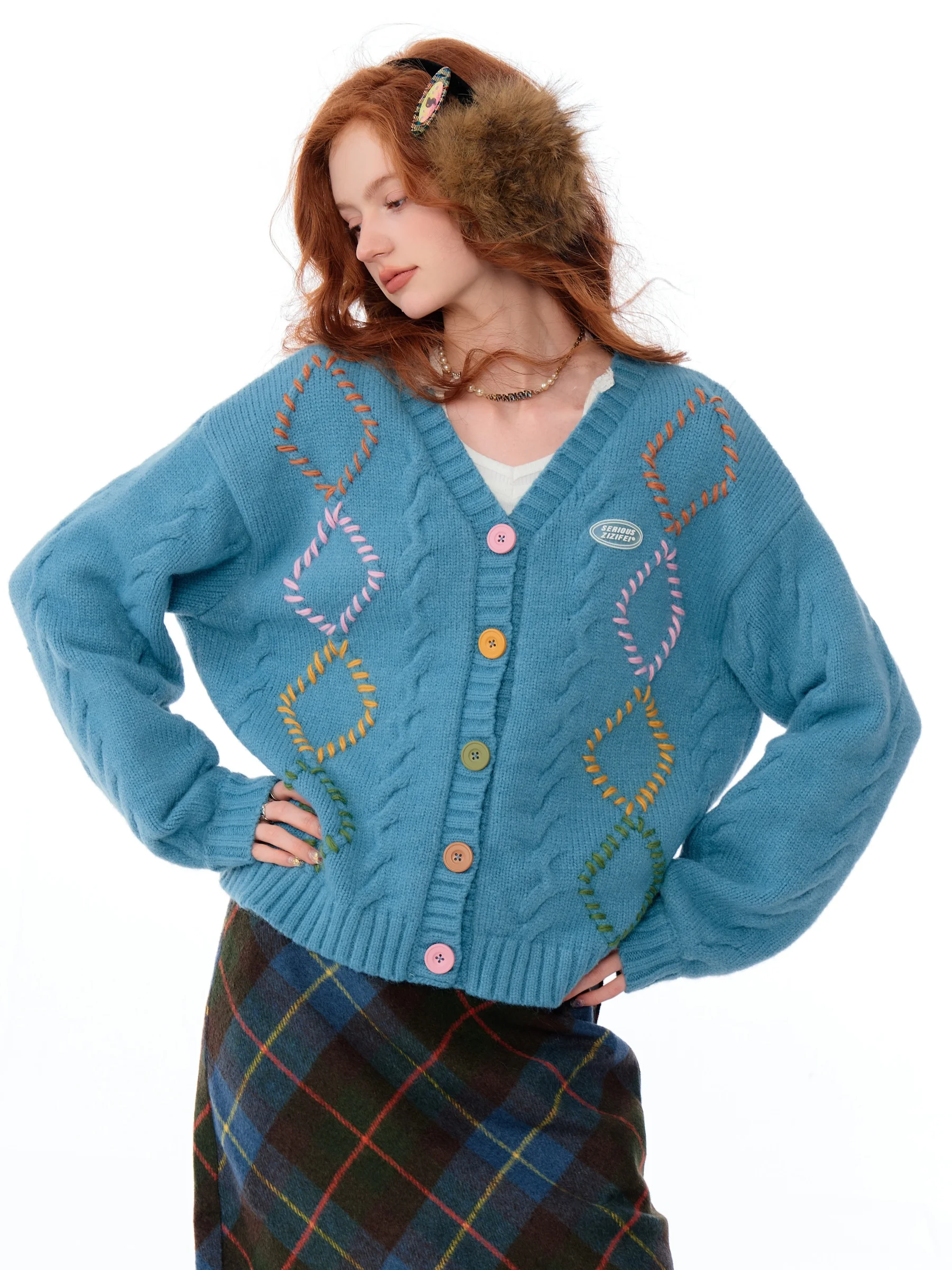 

ZiziFei Autumn Winter American Retro Lazy Sle Loose Design Sense Diamond id Sweater Cardigan Outerwear Women's Faion