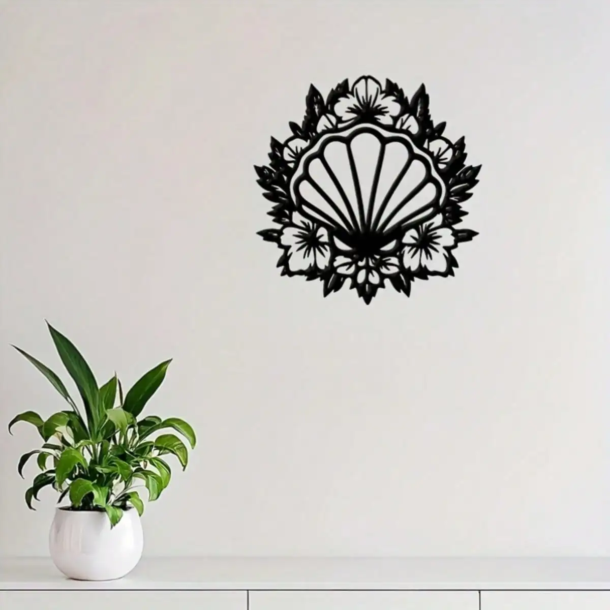 Hibiscus & Shell Iron Wall Art | Coastal Beach Hanging Sculpture for Home & Wedding