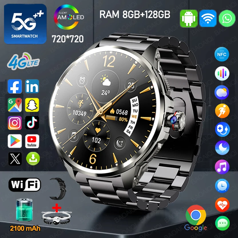 

4G/5G Full Network Smart Watch 720*720 AMOLED Screen 900W Pixel Video Call 8GB+128GB RAM 2100 mAh WIFI GPS Google APP Smartwatch