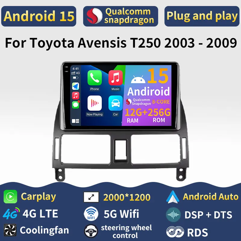 Car Radio Android 15 For Toyota Avensis T250 2003 - 2009 GPS Multimedia Player Navi Head Unit 360 Camera Wireless Carplay DSP BT