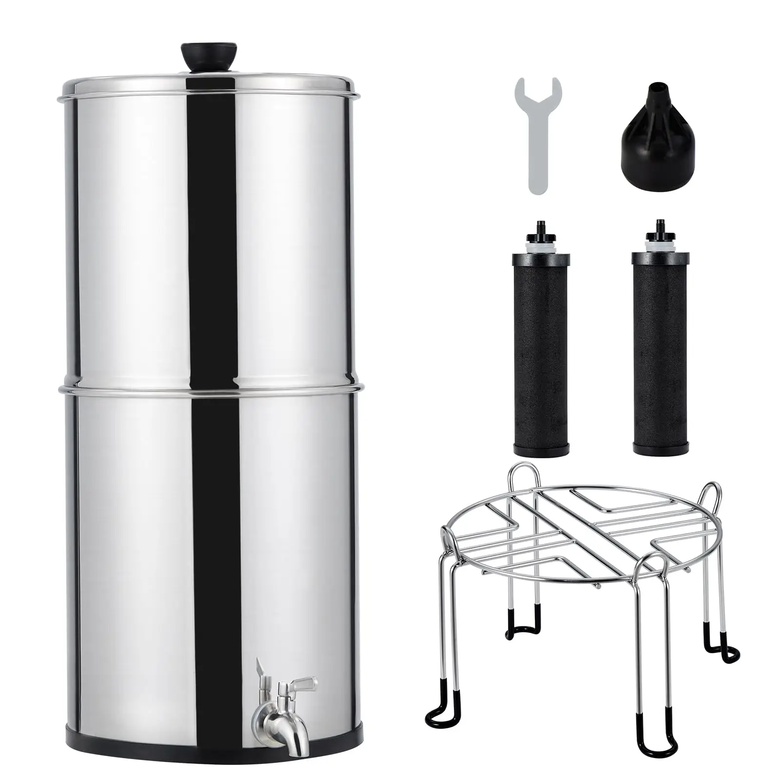 Water Filter System 304 Stainless Steel with 2 Black Carbon Filters and Anti-Slip Stand, Chlorine and Lead Reduction, 2.25Gallon