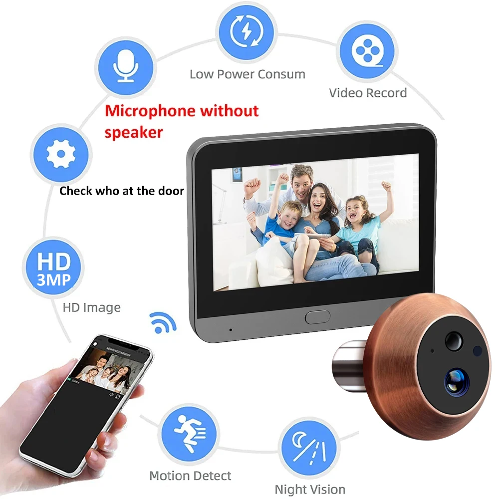 Mini Smart Tuya 3MP 140° Wide View Angle 2.4Ghz WiFi Magic Door Peephole Eye Camera Digital Door Viewer Doorbell Battery Powered