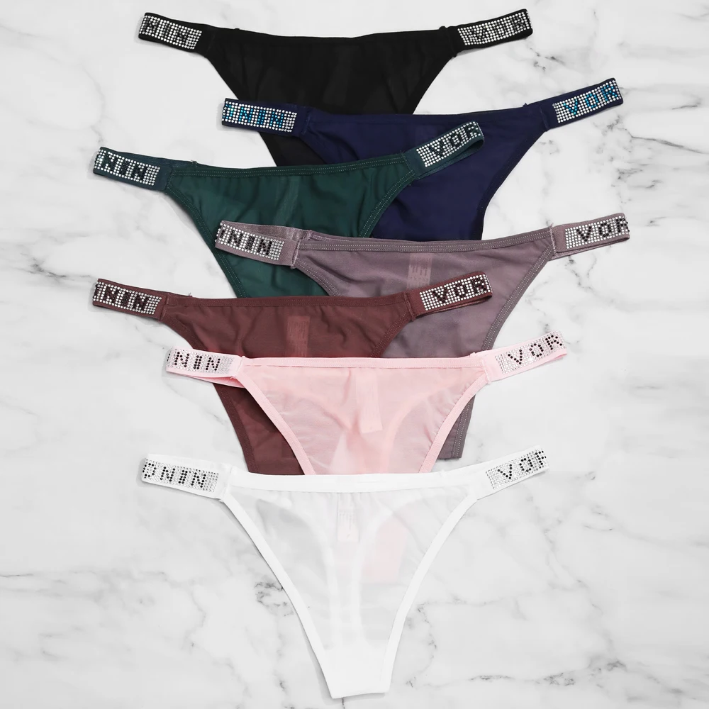 FNIO 2PCS Ladies Sexy Thong Lingerie Low Waist Side Straps Rhinestone Panties Crotch Cotton Comfort Letter Female Underwear