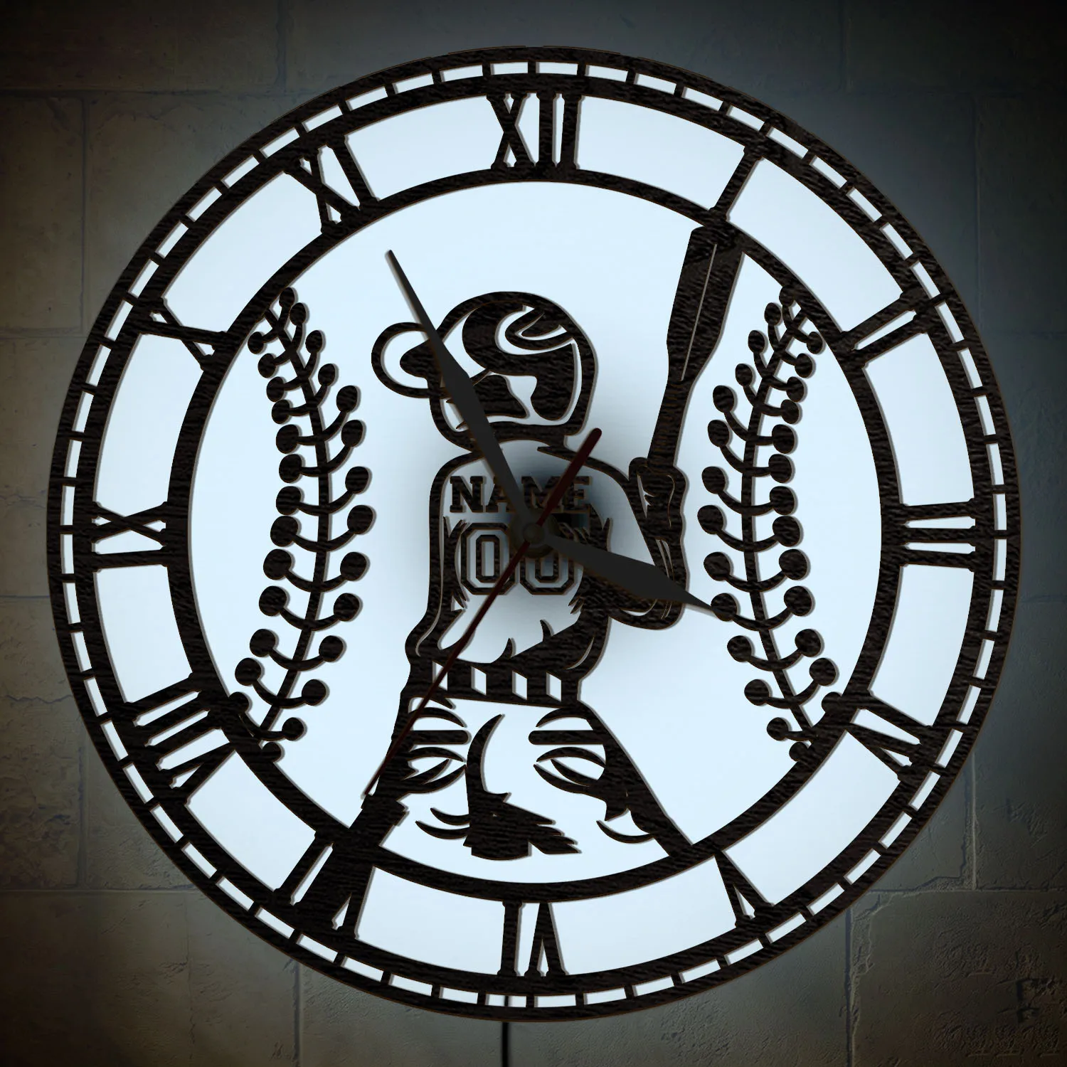 Baseball Player Custom Name LED Wall Clock Color Changing Night Light Silent Quartz Wooden Wall Clock For Man Cave Sports Room