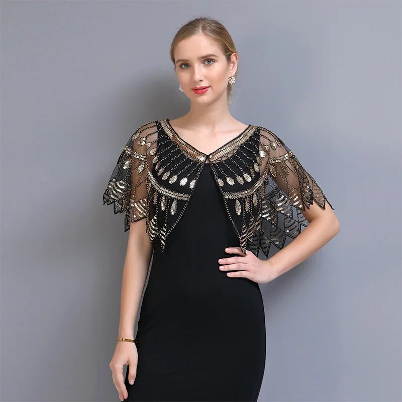 Damen Flapper Schal Bankett Pailletten Cape Vintage Stickerei atmungsaktive Wraps Kleid Schal für Abend party Abschluss ball