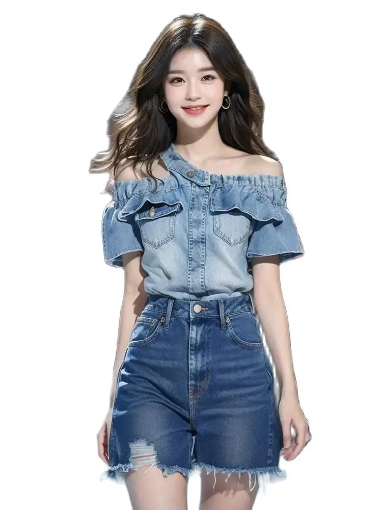 Setelan dua potong Denim Korea kemeja celana pendek lengan pendek Denim dengan desain baru musim panas blus wanita kemeja biru perempuan