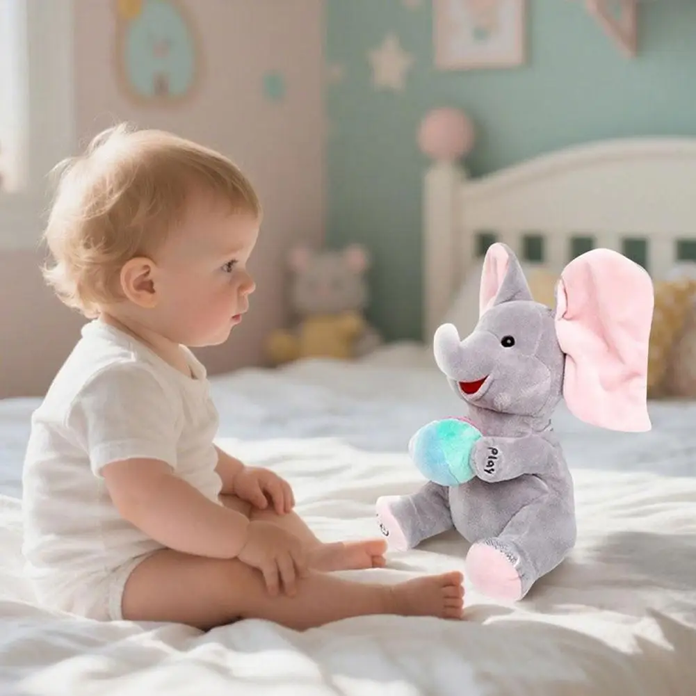 Brinquedo de pelúcia de elefante Peekaboo, brinquedo sensorial de bebê com orelhas felpudas com música, brinquedo de aprendizagem educacional macio