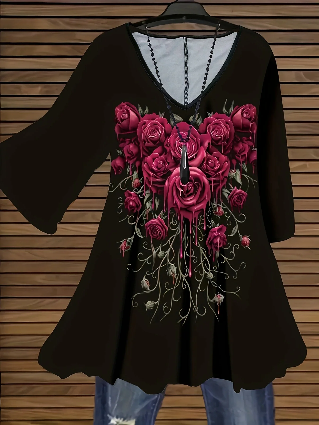

Women's Plus Size 1XL-5XL Spring and Autumn T-shirt Pullover Fashion V-neck Long Sleeve Shirt Casual Printed Top