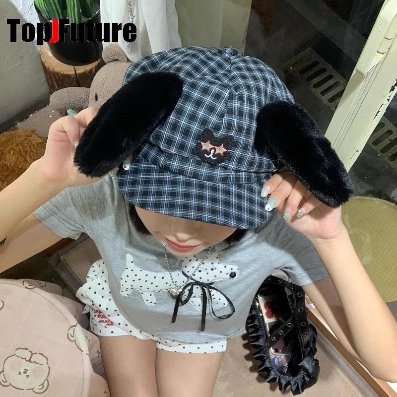 Subculture Y2K Girls Japanese Cute lovely Autumn and Winte Hat  puppy Ears fluffy check pattern polychrome Newspaper Versatile