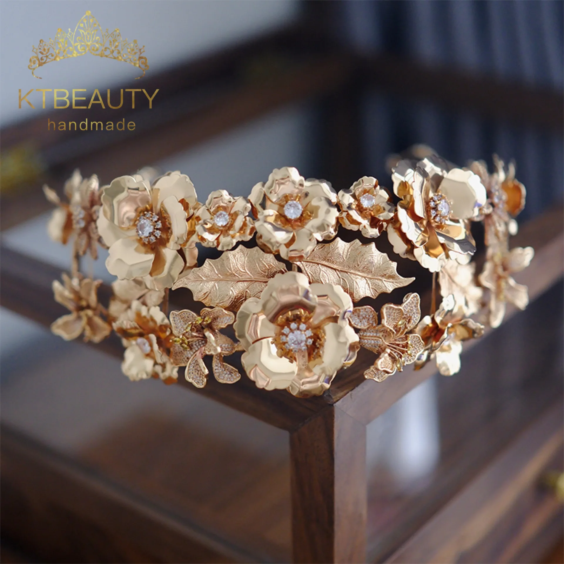 2023 KTBEAUTY New Copper AAA Cubic Zirconia Golen Big Flowers Classic Bridal Headband Wedding Hairwear