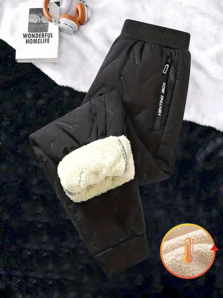 

Черные повседневные зимние брюки для мальчиков с термоизоляцией, теплой флисовой подкладкой, эластичным поясом