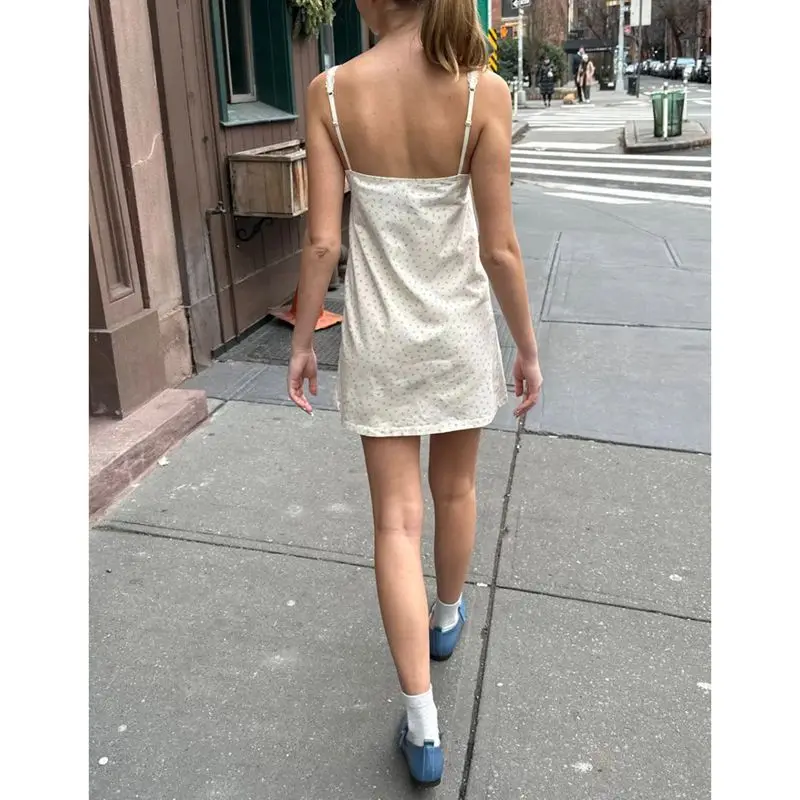 Combhasaki Donna Y2K Carino Stampa floreale Sottile Finiture in pizzo Scollo a V Fiocco Decor Cinghia per spaghetti regolabile Mini abito corto a trapezio