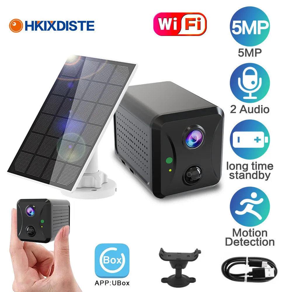 HKIXDISTE 5MP Solar Mini Camera Built-in Battery PIR Motion Detection Indoor Security CCTV Surveillance WIFI Camera Ubox APP