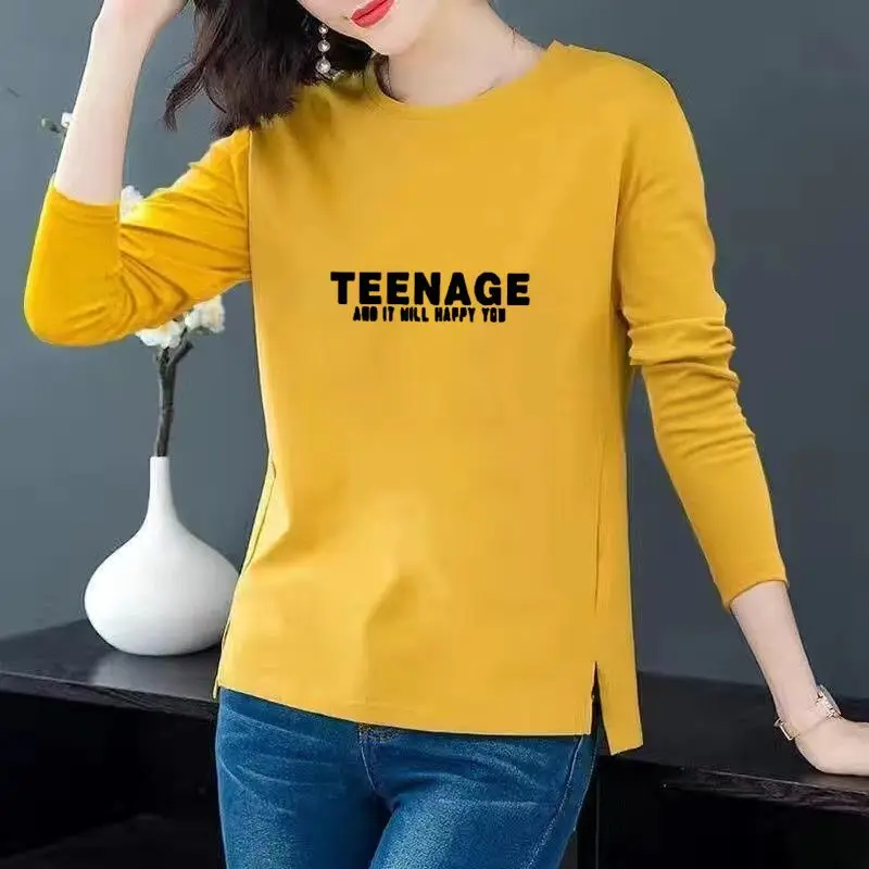 Women Korean Fashion Print Simple All Match T-shirt Spring Autumn Casual O Neck Irregular Tees Long Sleeve Loose Tops Ropa Mujer