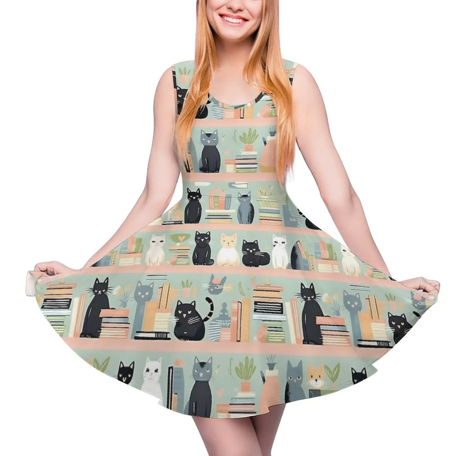 Cute Library Cat Dress Cats In Library Books Cute Dresses High Waist Casual Skate Dress Women Design Clothing Birthday Present