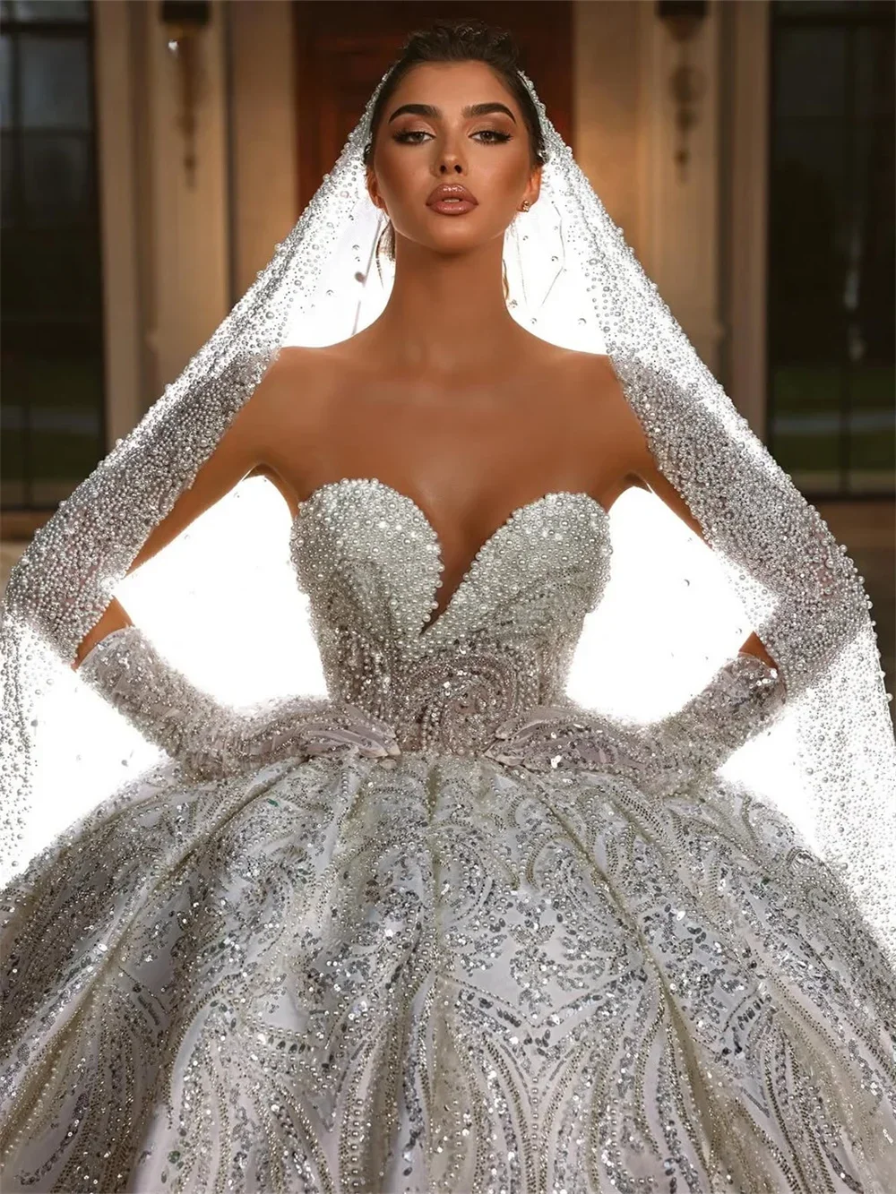 تخصيص الفاخرة الكلاسيكية الحبيب الرقبة اللؤلؤ ثوب الزفاف تألق حمالة الطابق طول الكرة ثوب vestidos de novia #3