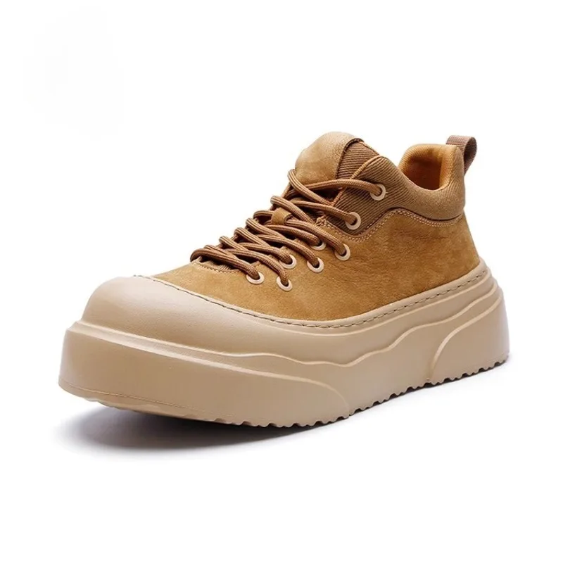 

American Retro Work Shoes Mens Lightweight Thick Soled Casual Design Genuine Leather High Top Board Shoes Male Trendy Sneakers