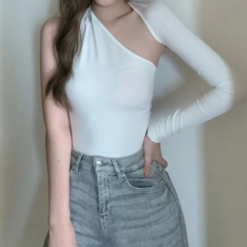

Women's Slant Shoulder Sexy Slim Strapless Long Sleeve T-Shirt Tops Hollow Out Tight Tops