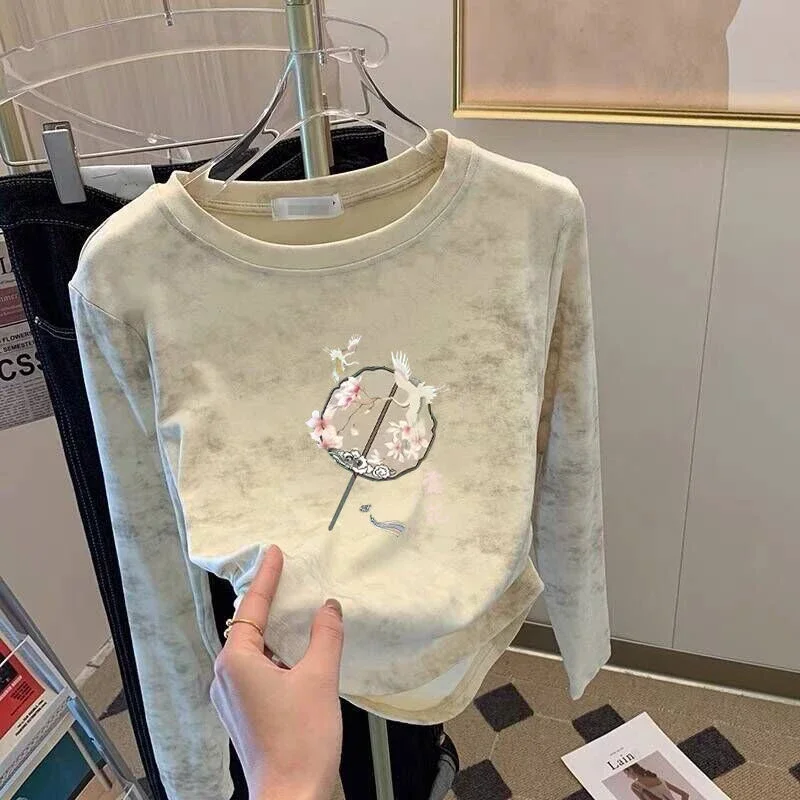 Women Cotton Tie Dye Long Sleeve T Shirt Chinese Fan Print Crew Neck Slim Fit Curved Hem Casual Tops Spring Autumn S 4XL