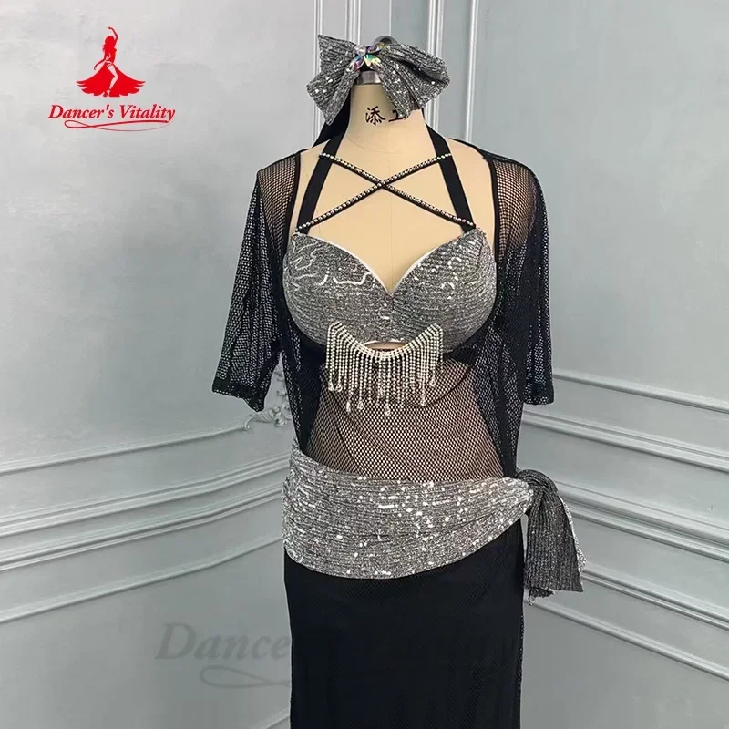 Conjunto de roupas de dança do ventre feminino personalizado borla sutiã + lenço + cinto + saia longa + malha robe 5 pçs traje de desempenho de dança oriental