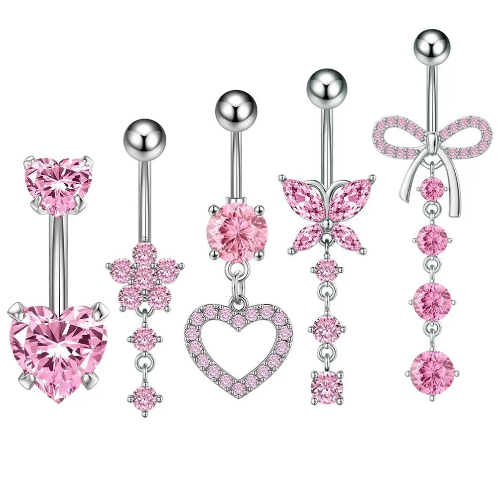 Stainless Steel Bow Belly Button Piercing Pink Zircon Copper Belly Button Ring Heart Shape Navel Piercing Jewelry
