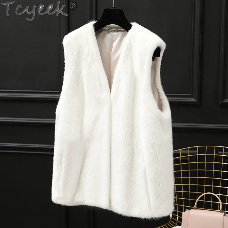 

Tcyeek Natural Mink Fur Vest Women Winter Women's Fur Jacket Sleeveless Real Fur Jackets 2024 Whole Mink V-neck Vests for Woman