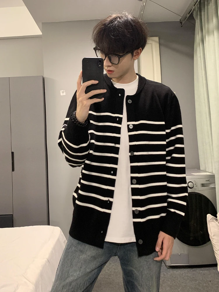 

Мужской черно-белый полосатый кардиган в американском ретро-стиле, вязаный, свободного кроя, в стиле Lazy Style, Cleanfit, верхняя одежда