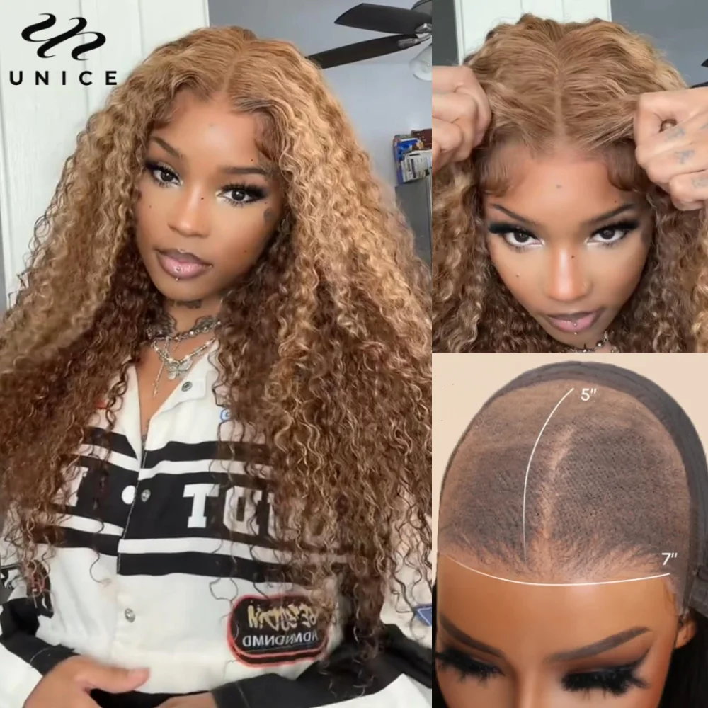 UNice Hair 7x5 Pre Cut Pre Bleached Lace Closure Wig Blonde Highlight Human Hair Curly Lace Wig Ready To Wear Glueless Wig 150%