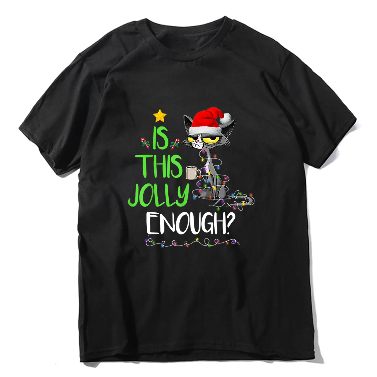 Unisex 100% Cotton Is This Jolly Enough Black Cat Merry Christmas Tree Lights Men Oversized T-Shirt Casual Streetwear Soft Tee