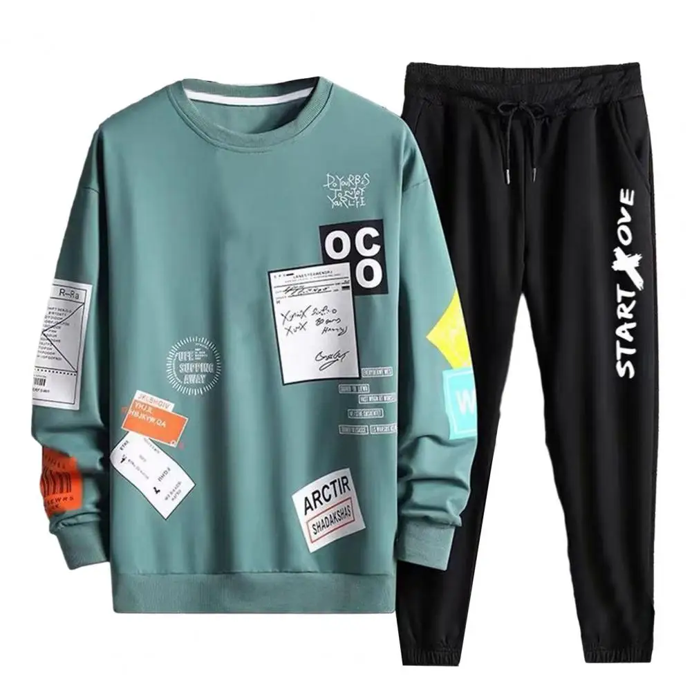 Men Sportswear Set Men Activewear Set Men's Hip Hop Letter Print Sweatshirt Trousers Set with Drawstring Elastic Waist for Fall