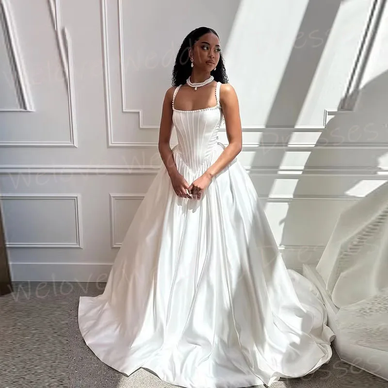 Einfache A-Linie frauen Square Neck Brautkleider Sexy Robe De Mariée Angepasst Braut Kleider Spaghetti-trägern Vestido De Novia