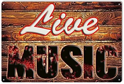 Panneau en métal vintage « Live Music » pour restaurant et bar, en aluminium.