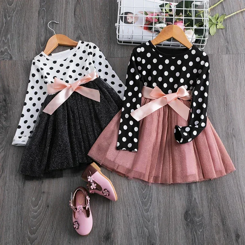 Polka Dots Long Sleeve Tulle Princess Dress for Girls Kids Birthday Party Dresses Vestidos Children Autumn Casual Clothes 3-8Yrs