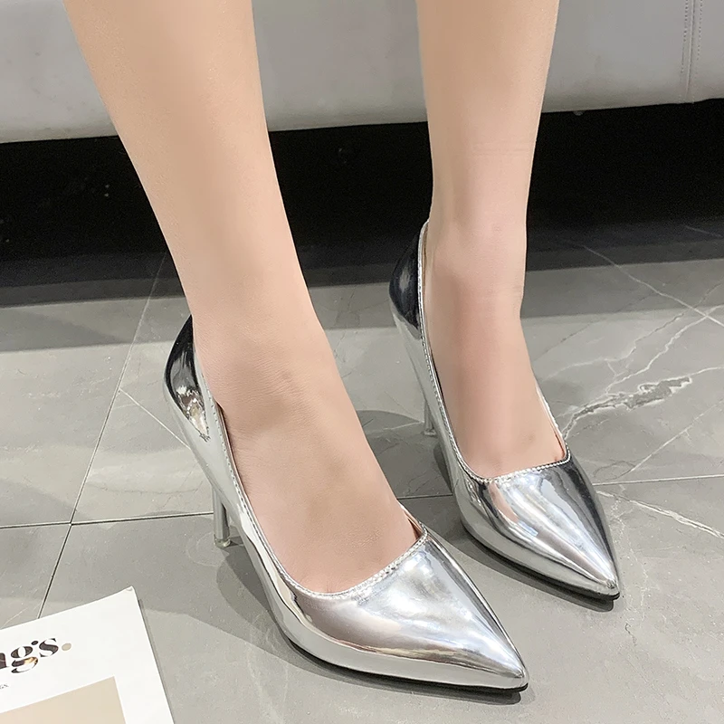 Champagne Women Glossy Patent Extremely 9cm High Heels Pointed Toe Slip On Stiletto Pums Solid Formal Dress Shoes Plus Size 50