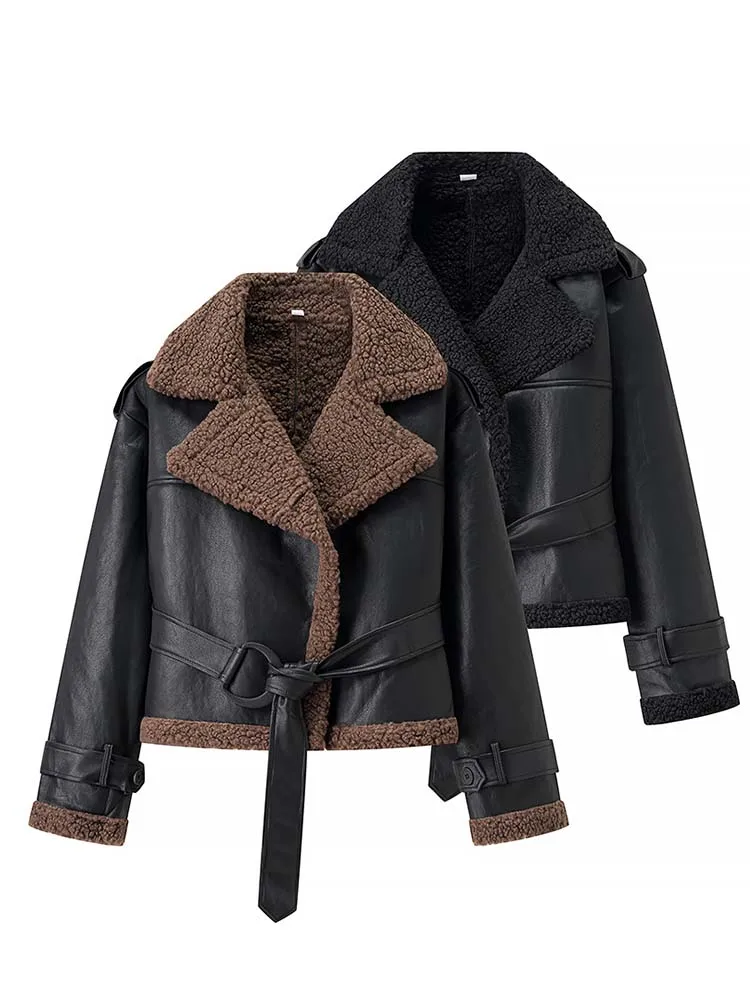 

2025 New Autumn And Winter Fashion Long Sleeve Coat With Belt Female Elegant High Street Outerwear Women Fur Integrated Jacket